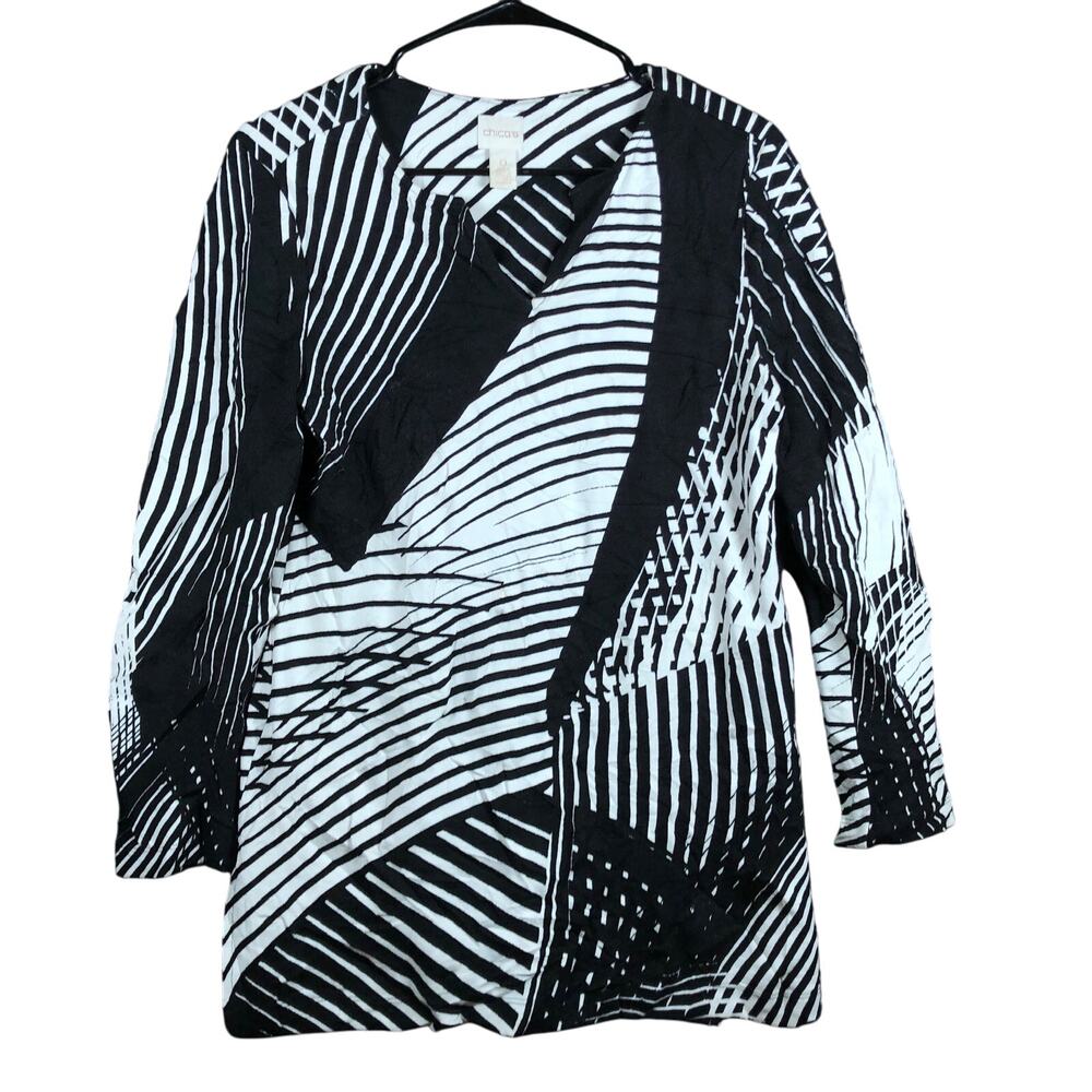 Chicos Womens Blouse Black White Abstract V Neck Long Sleeve Stretch 0